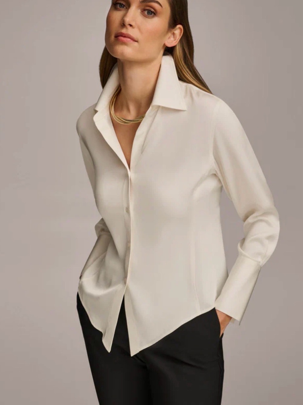 Donna Karan Ivory Button-Front Silk-Feel Shirt